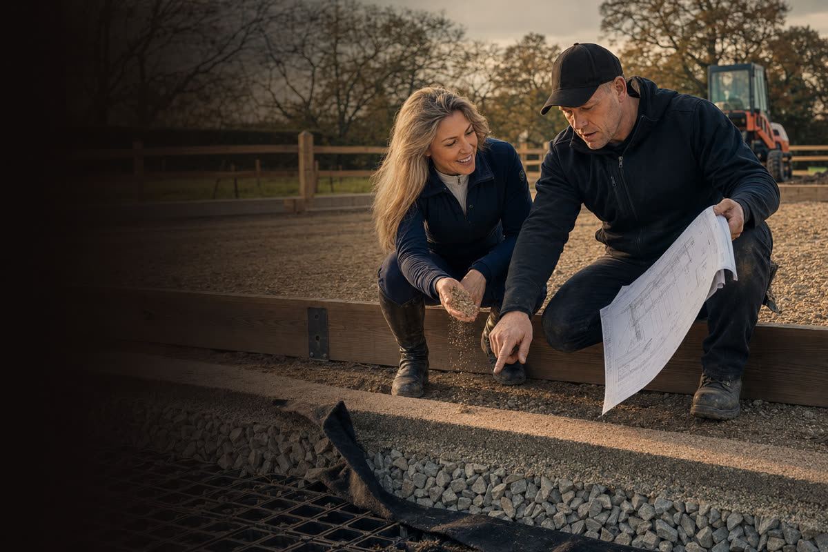 Harriet Smith and Lewis Gill crouched at the edge of an arena under construction. She is letting surface material run through her fingers; he is holding a technical drawing and pointing at the ground, with the membrane and stone sub-base open beside them.