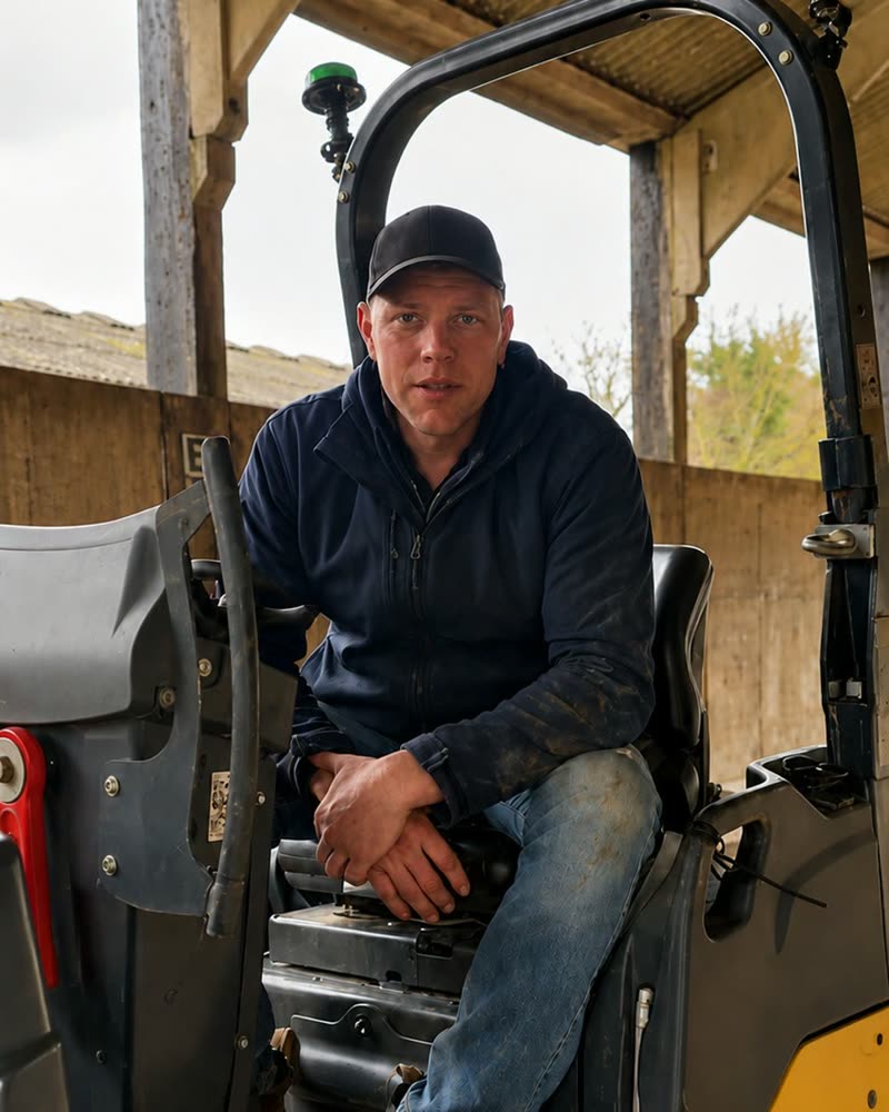Lewis Gill on a ride-on roller under a barn roof